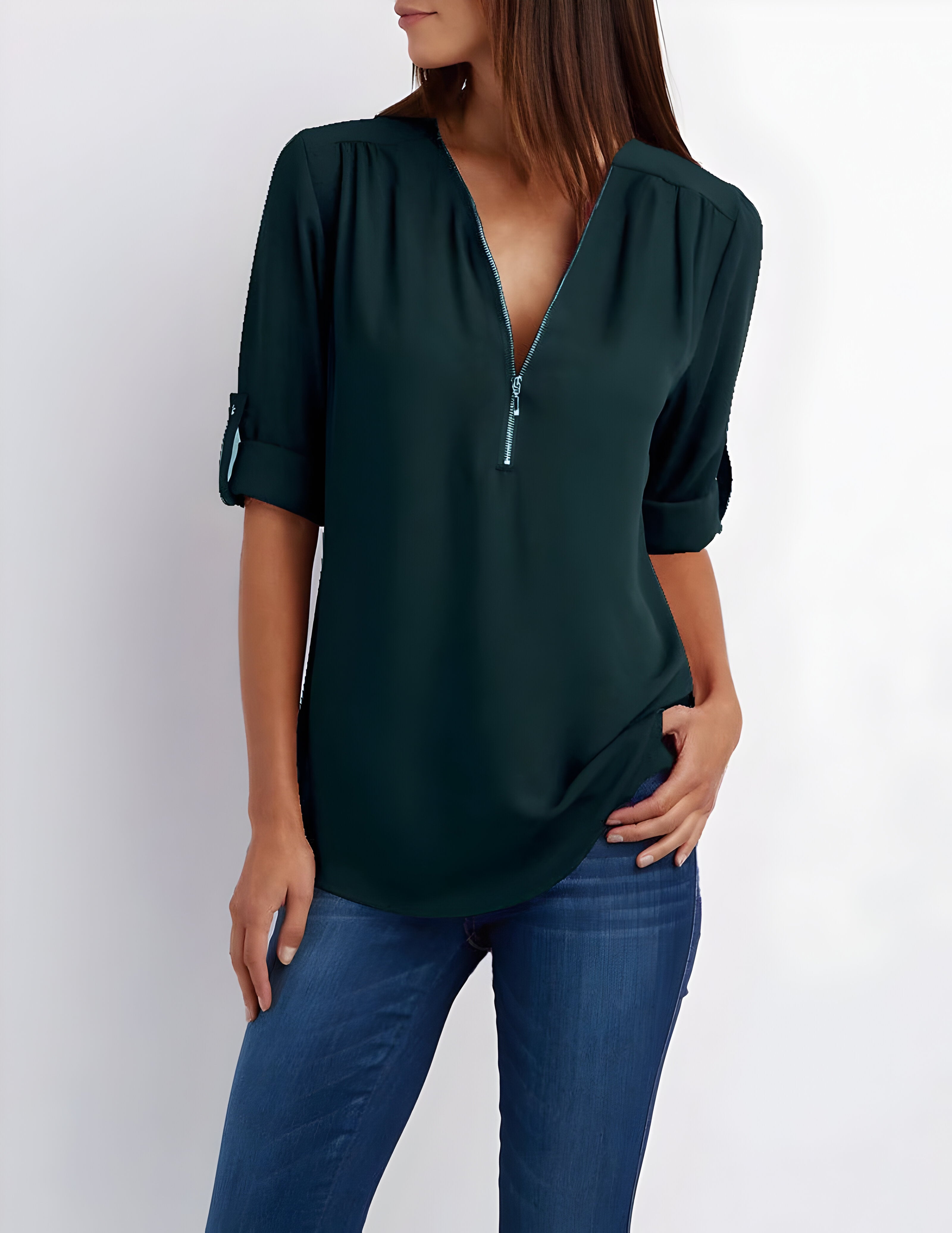 Witte Dames Blouse Korte Mouw | Modern Met Ritssluiting 14