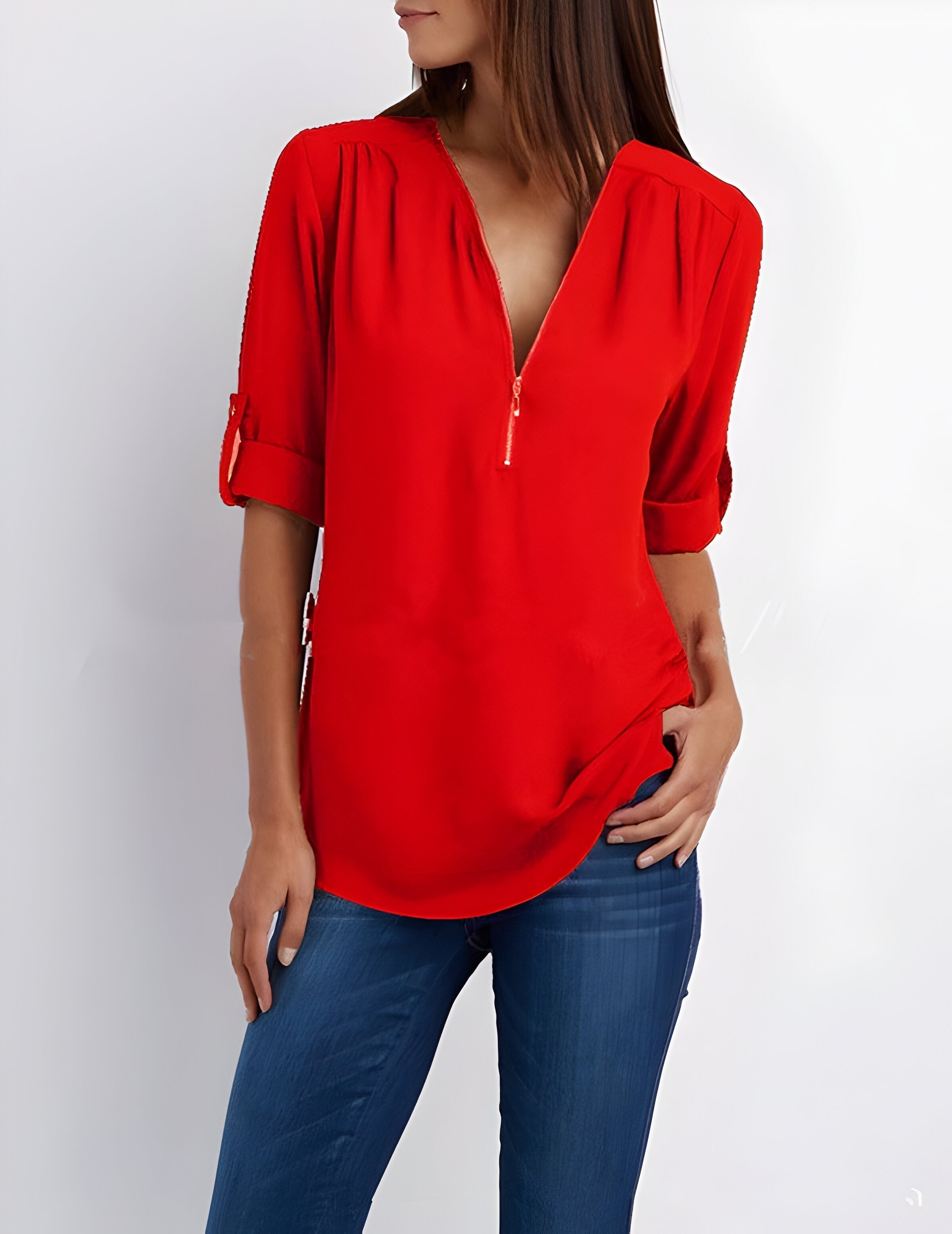 Witte Dames Blouse Korte Mouw | Modern Met Ritssluiting 4