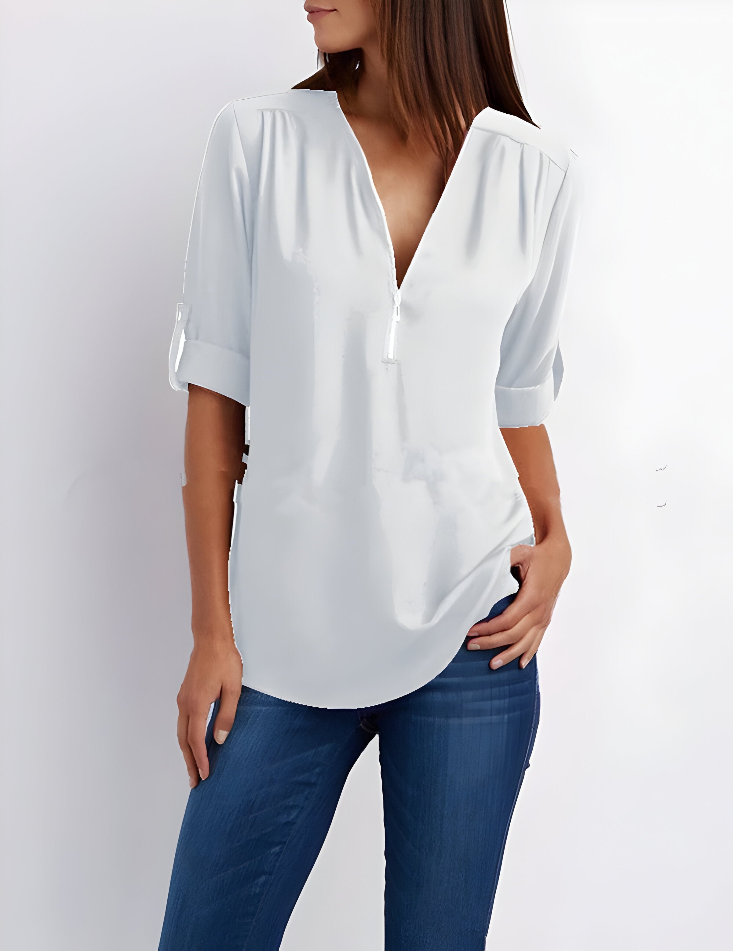 Witte Dames Blouse Korte Mouw | Modern Met Ritssluiting 5