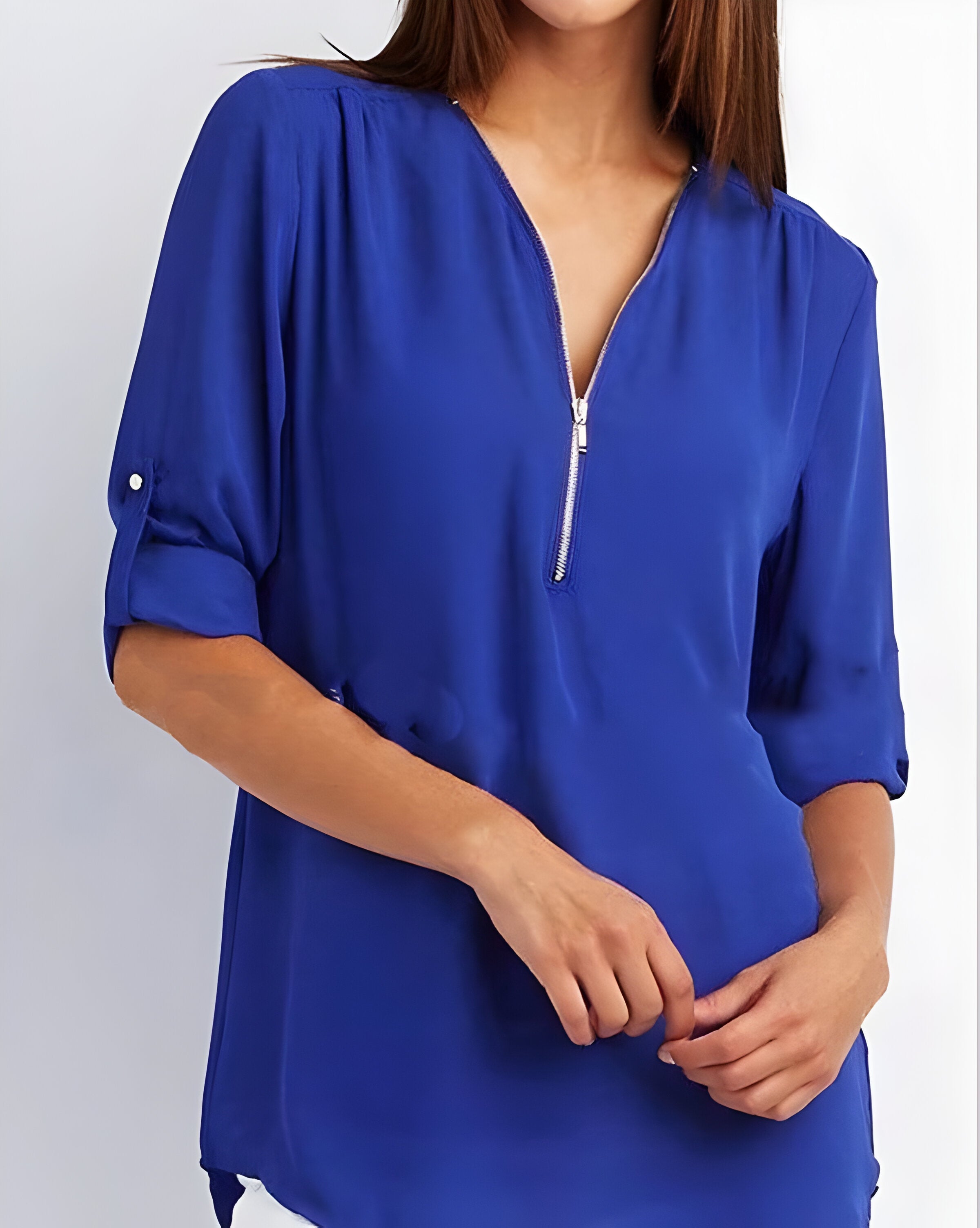 Witte Dames Blouse Korte Mouw | Modern Met Ritssluiting 6