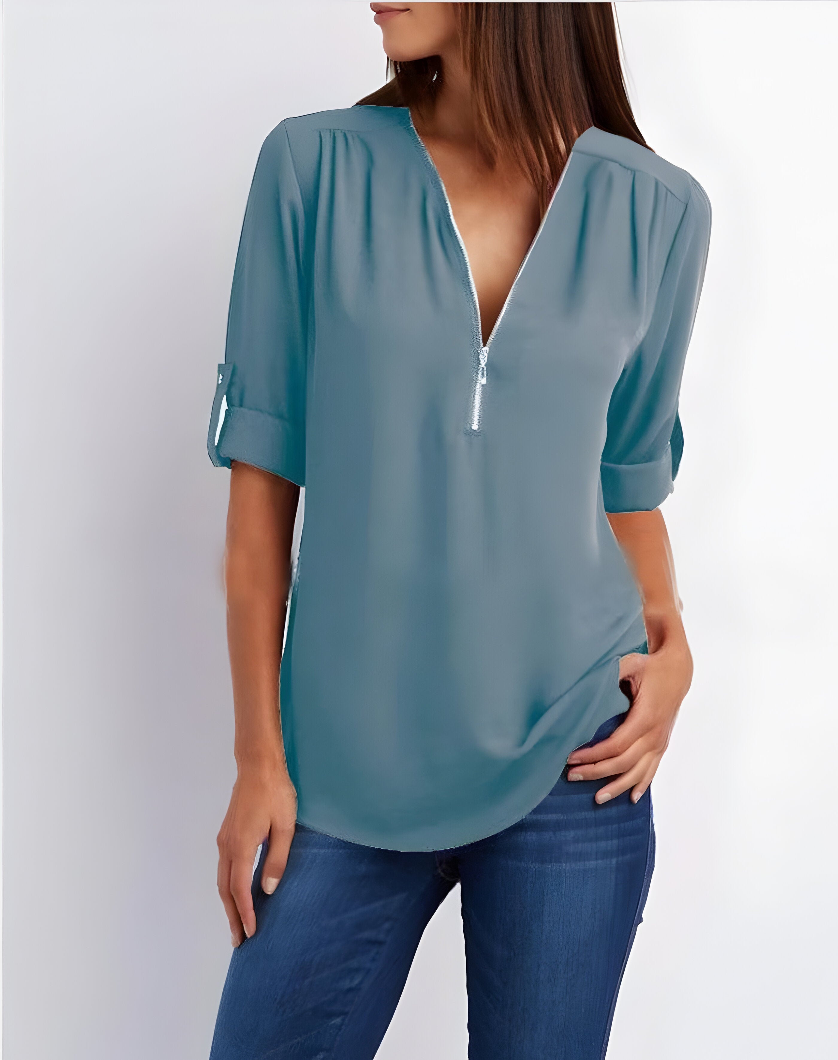 Witte Dames Blouse Korte Mouw | Modern Met Ritssluiting 7