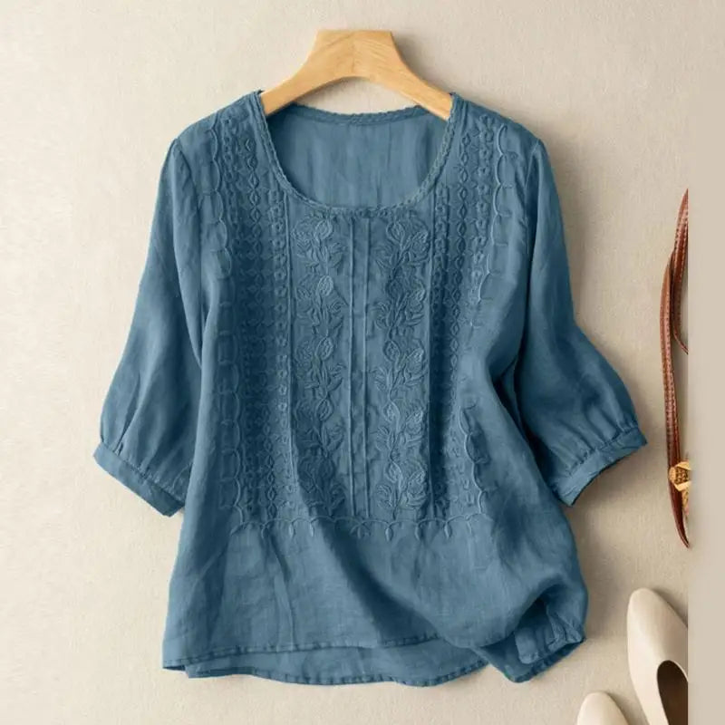 Witte Dames Blouse met Geborduurd Bloemmotief | Elegante Tuniek 1