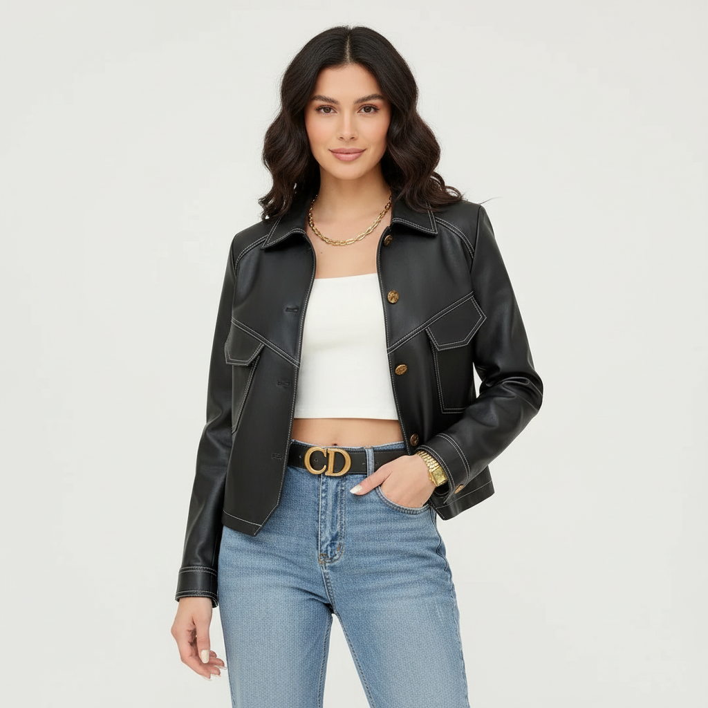 Zwarte Blazer Dames | Vegan Leren Korte Blazer 5