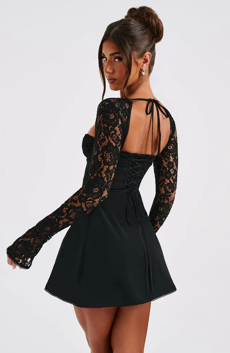Zwarte Dames Jurk Met Kanten Mouwen | Bodycon Mini-jurk 3