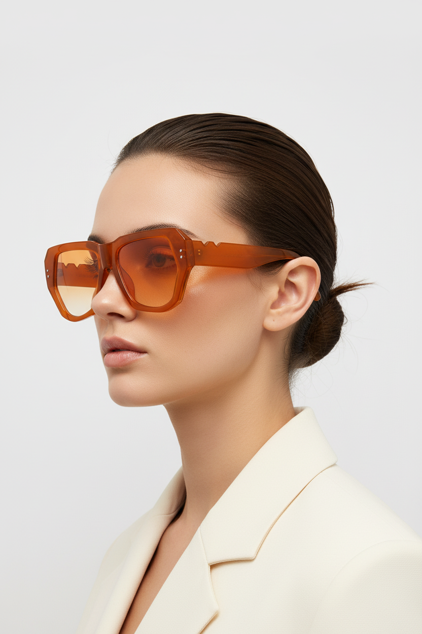 Amber oversized zonnebril close-up zijkant