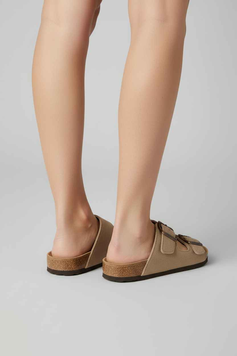 Beige cork footbed sandals diagonal back angle