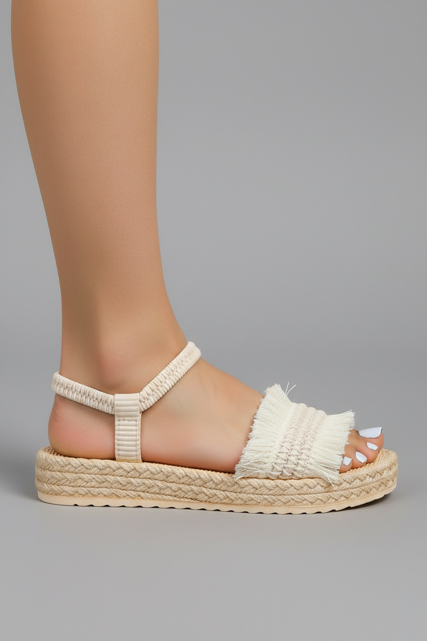 Beige fringe espadrille sandals close-up side