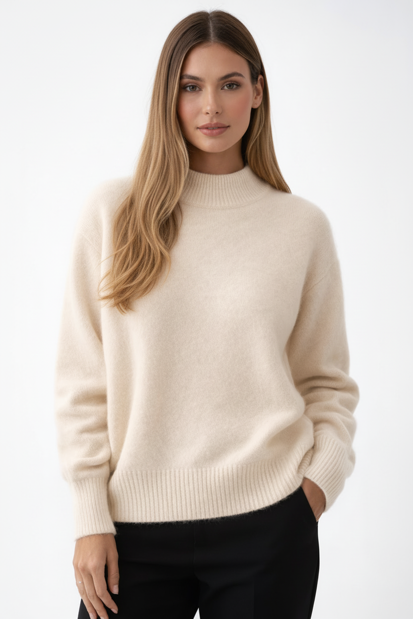 Beige kasjmier trui lang haar frontaal