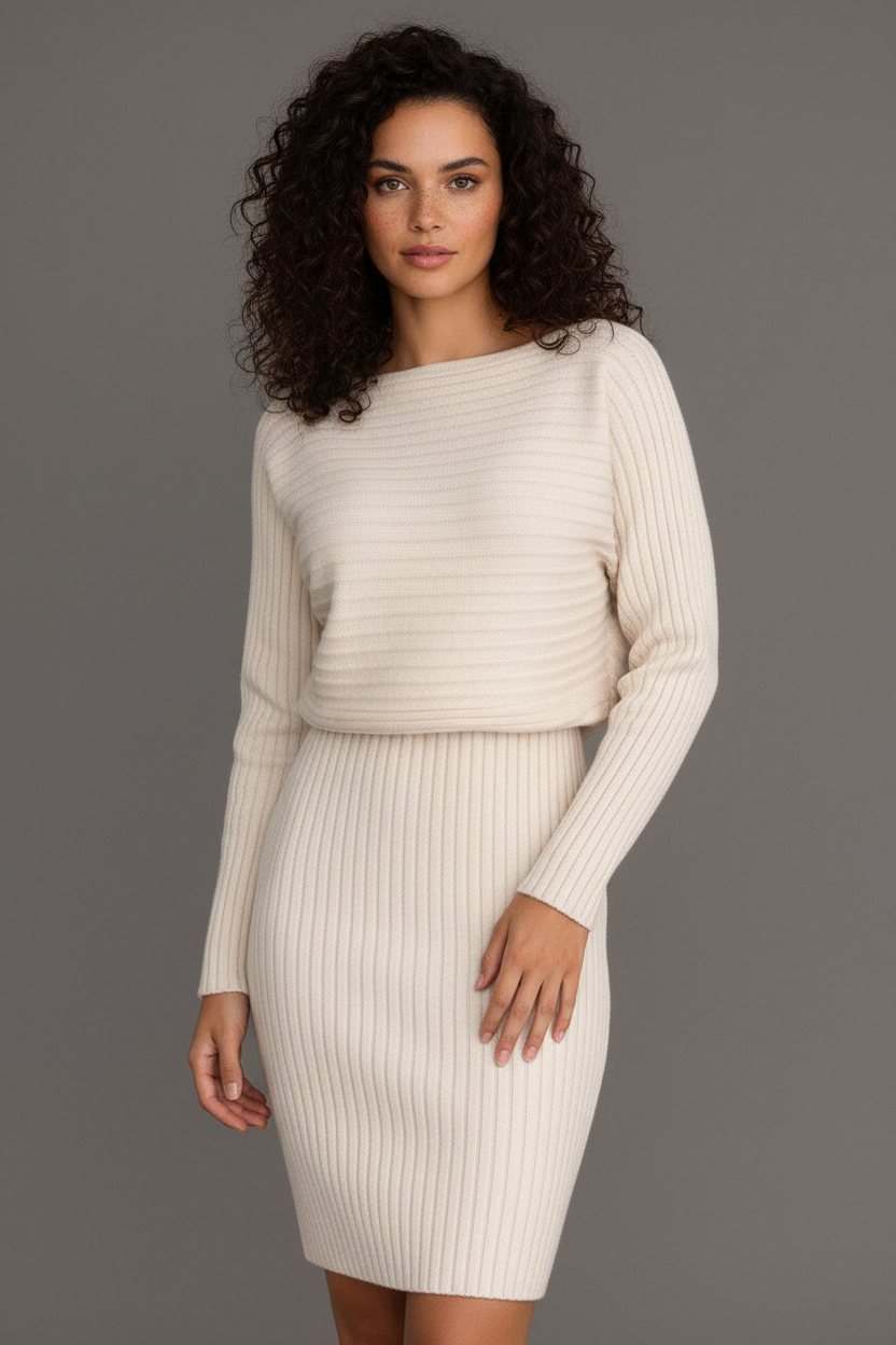 Beige knit dress front view