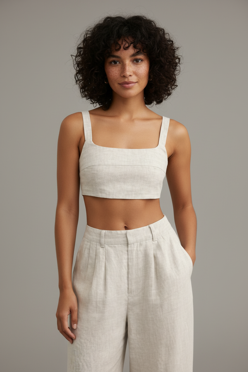 Beige linen set front view