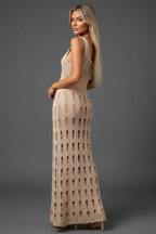 Beige tan crochet knit maxi dress back angle