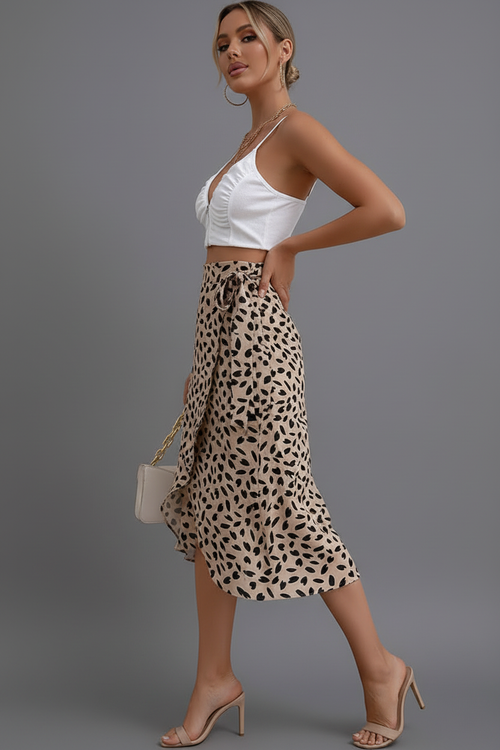 Beige tan midi skirt with black abstract leopard print different pose