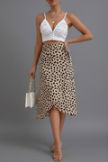 Beige tan midi skirt with black abstract leopard print front view
