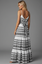 Black and white geometric print maxi dress back angle