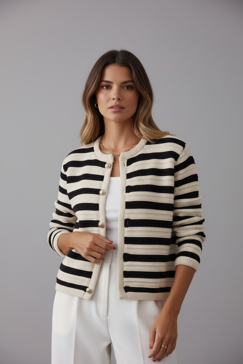 Black and white striped cardigan front view