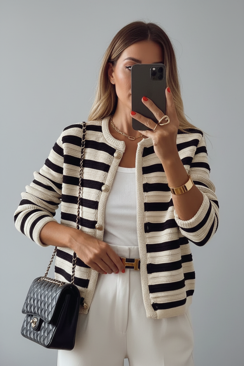 Black and white striped cardigan premium front view