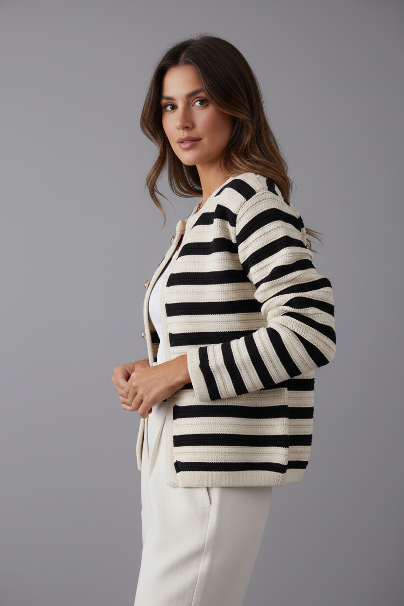 Black and white striped cardigan side angle