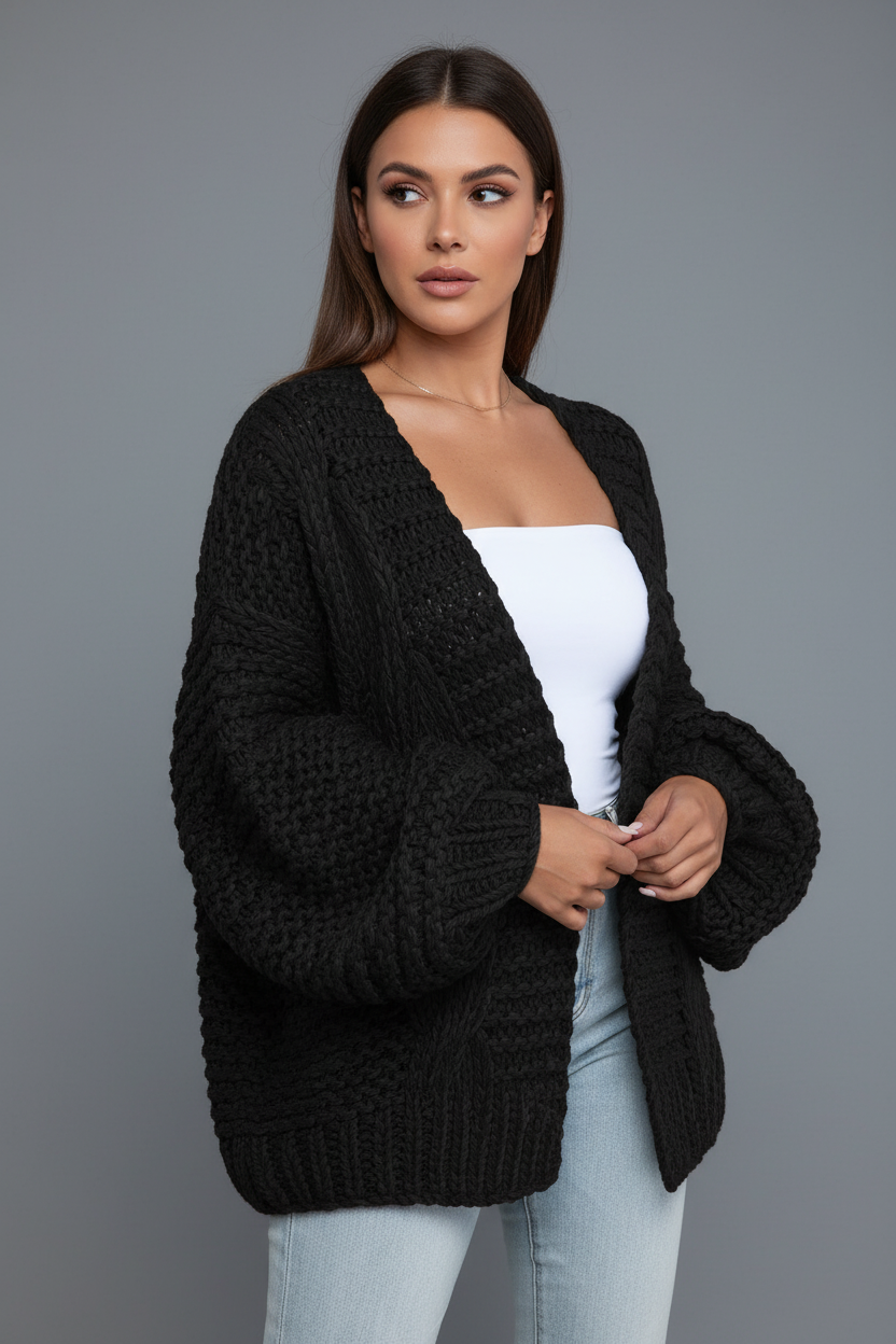 Black chunky knit cardigan brunette model side angle