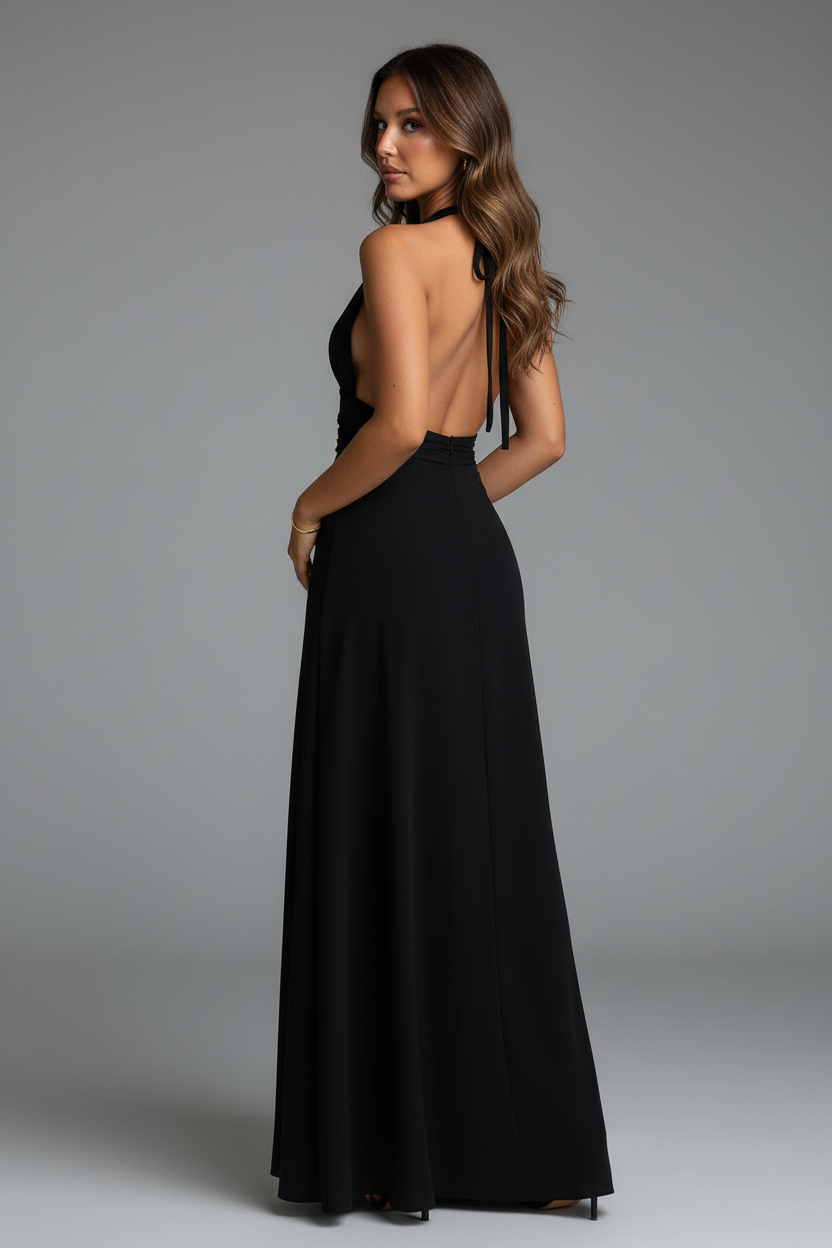 Black halter maxi dress back angle