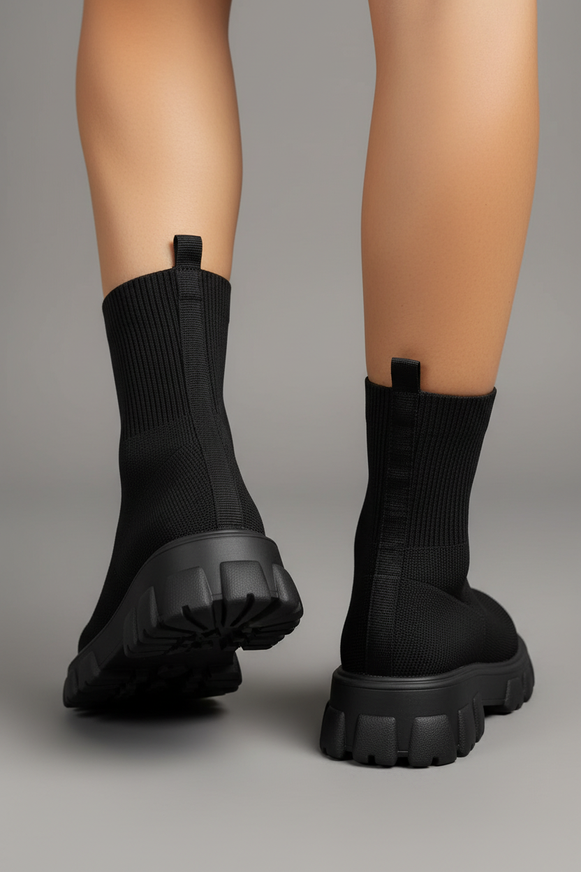 Black knit sock ankle boots close-up back angle