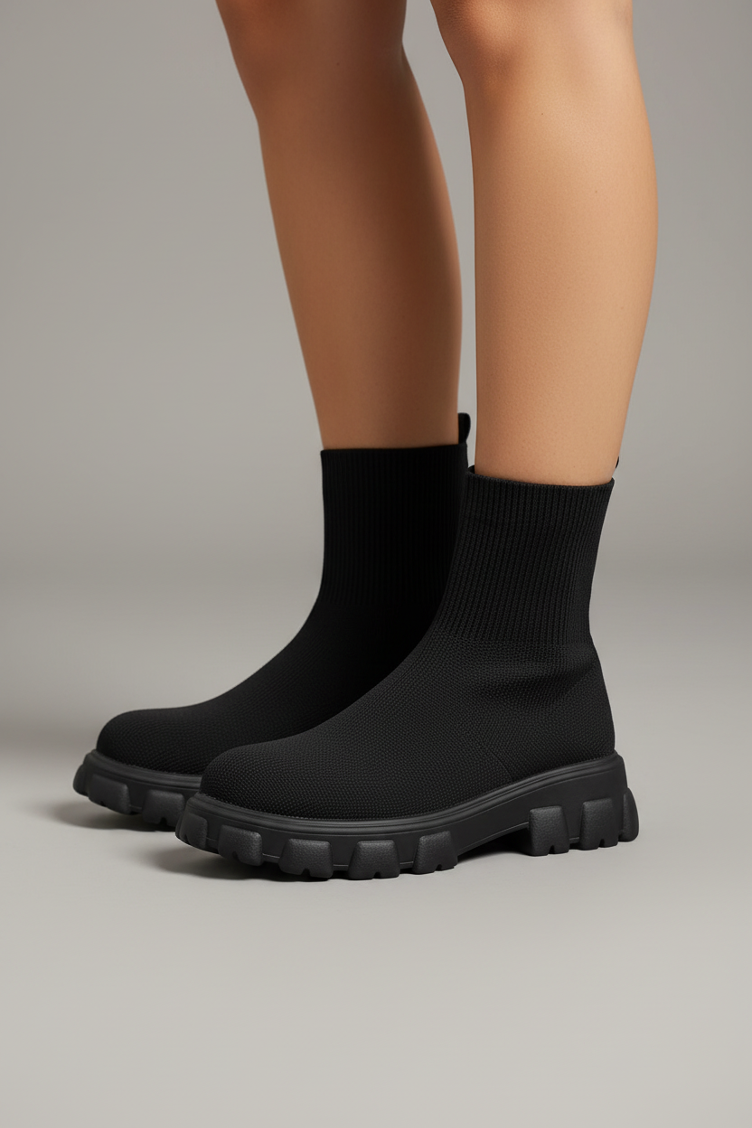 Black knit sock ankle boots side angle