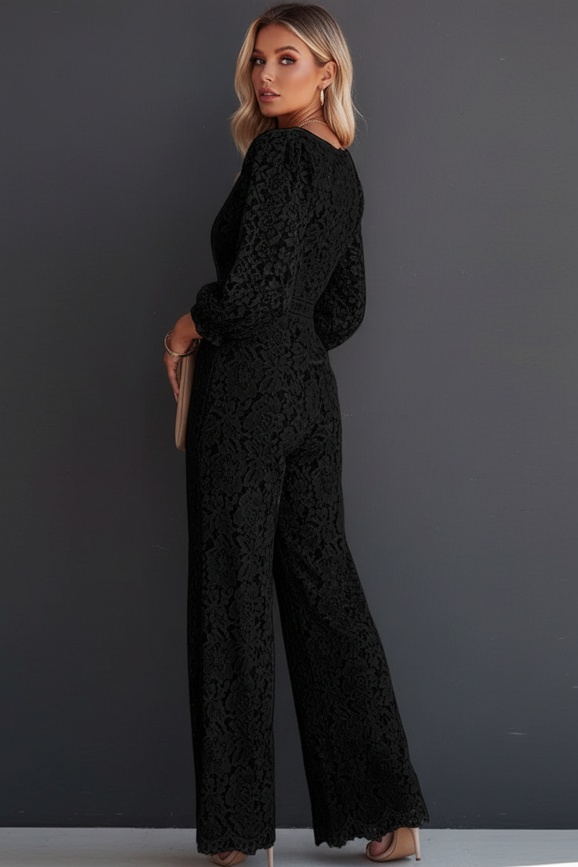 Black lace jumpsuit back angle grey background