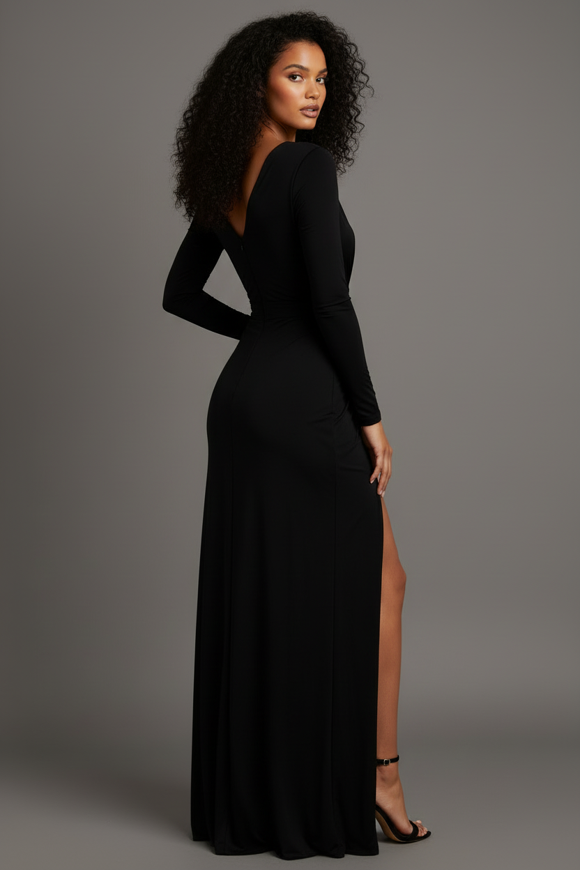 Black maxi dress back three-quarter view