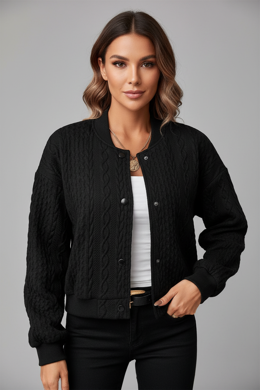Black quilted jacket with model