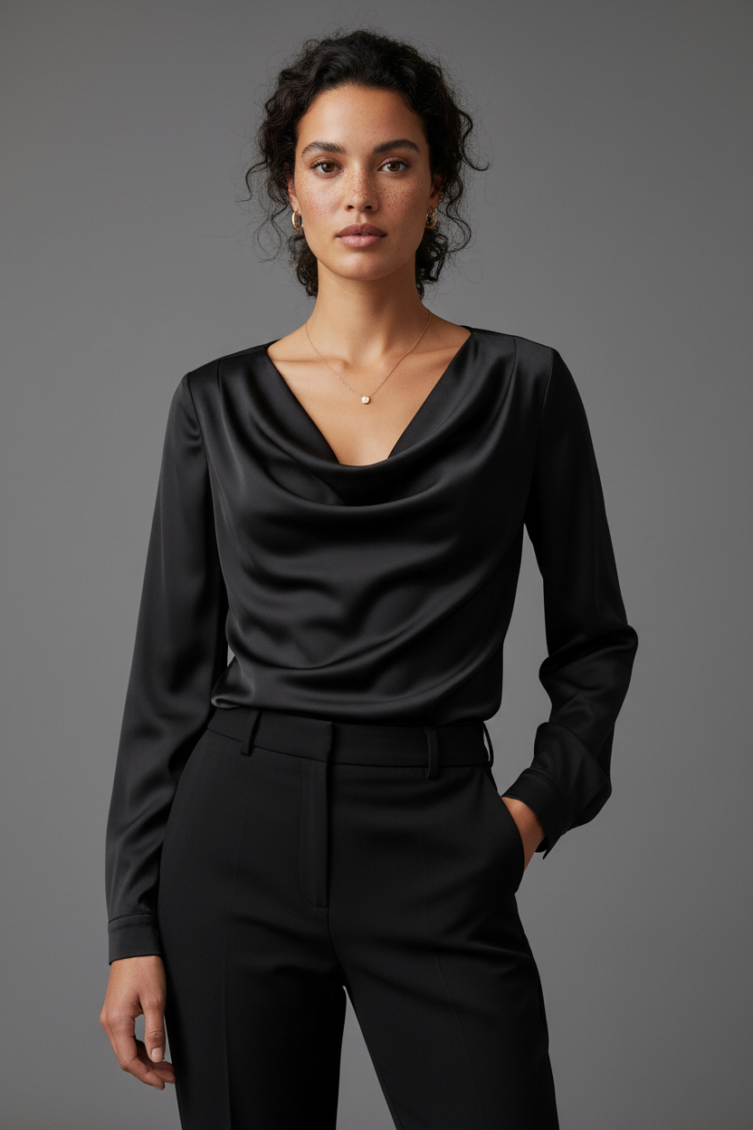Black satin blouse new model front