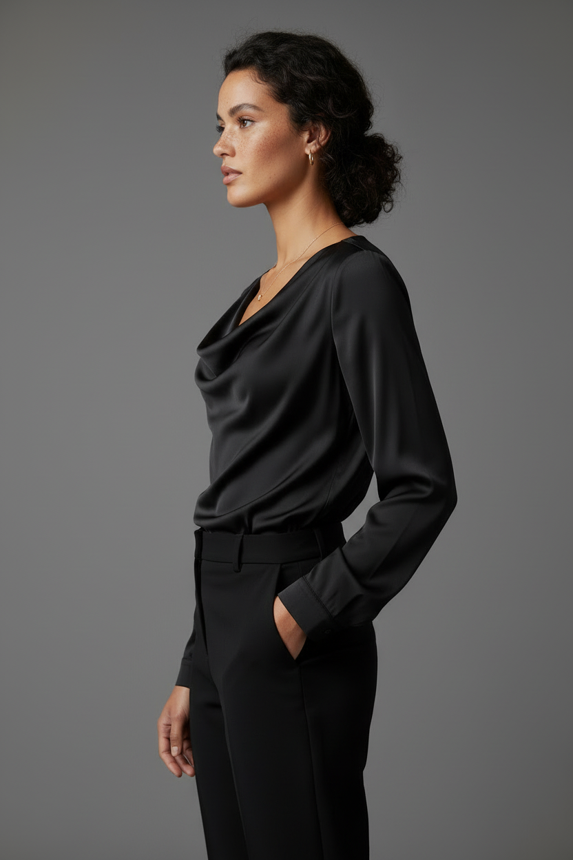 Black satin blouse same model side
