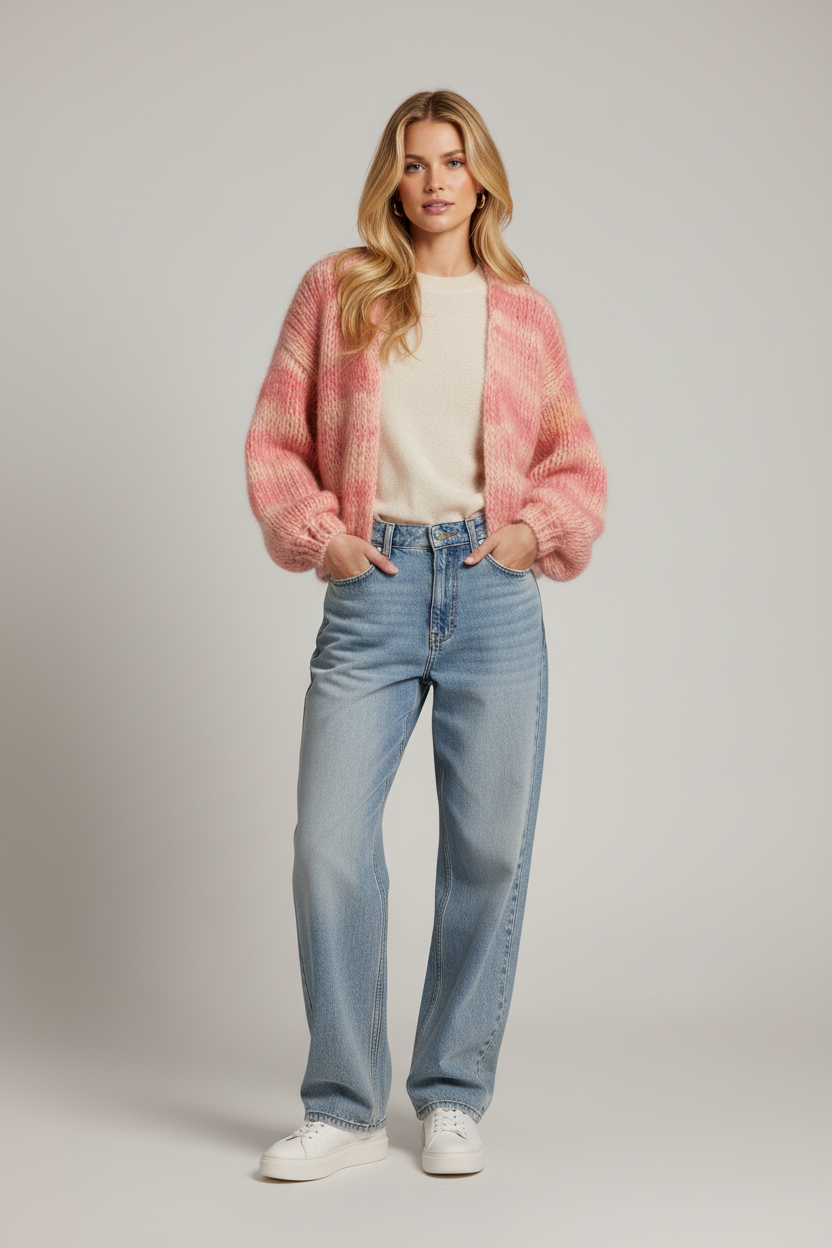 Blond model – Pink Cardigan – Grijze achtergrond