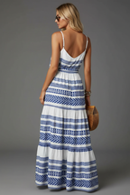 Blue and white geometric print maxi dress back angle