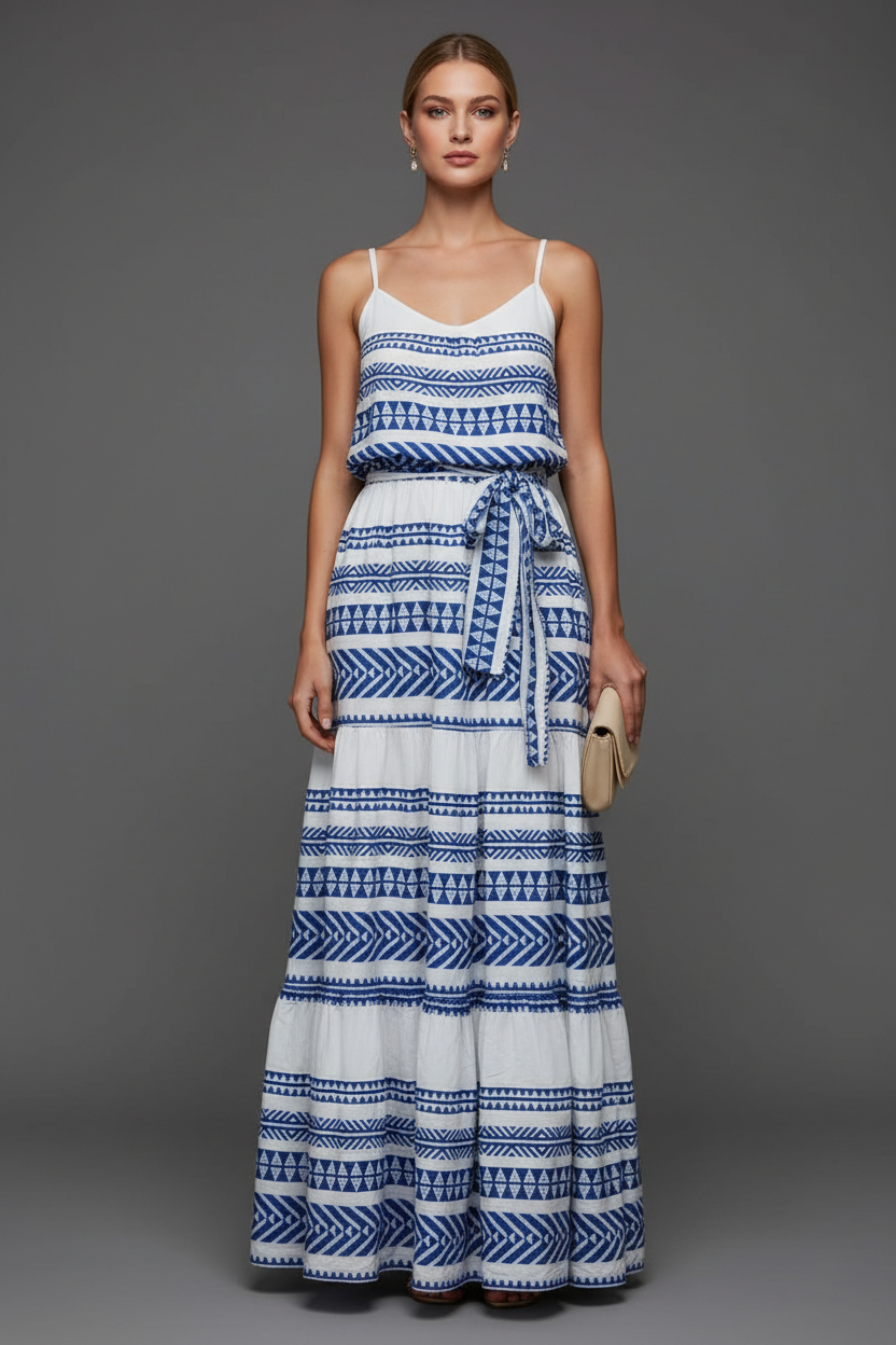 Blue and white geometric print maxi dress unique model grey background