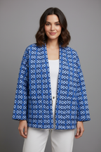 Blue geometric pattern jacket front view