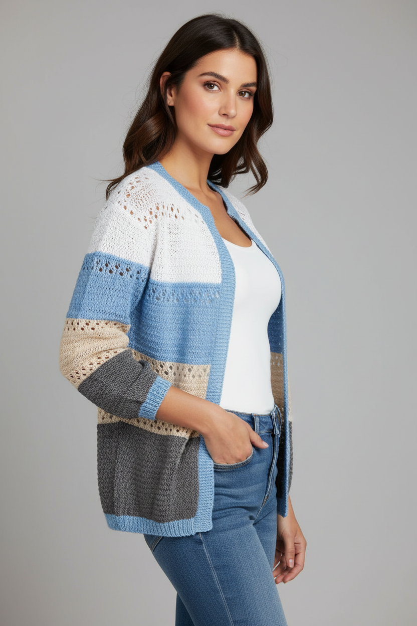 Blue striped cardigan side angle