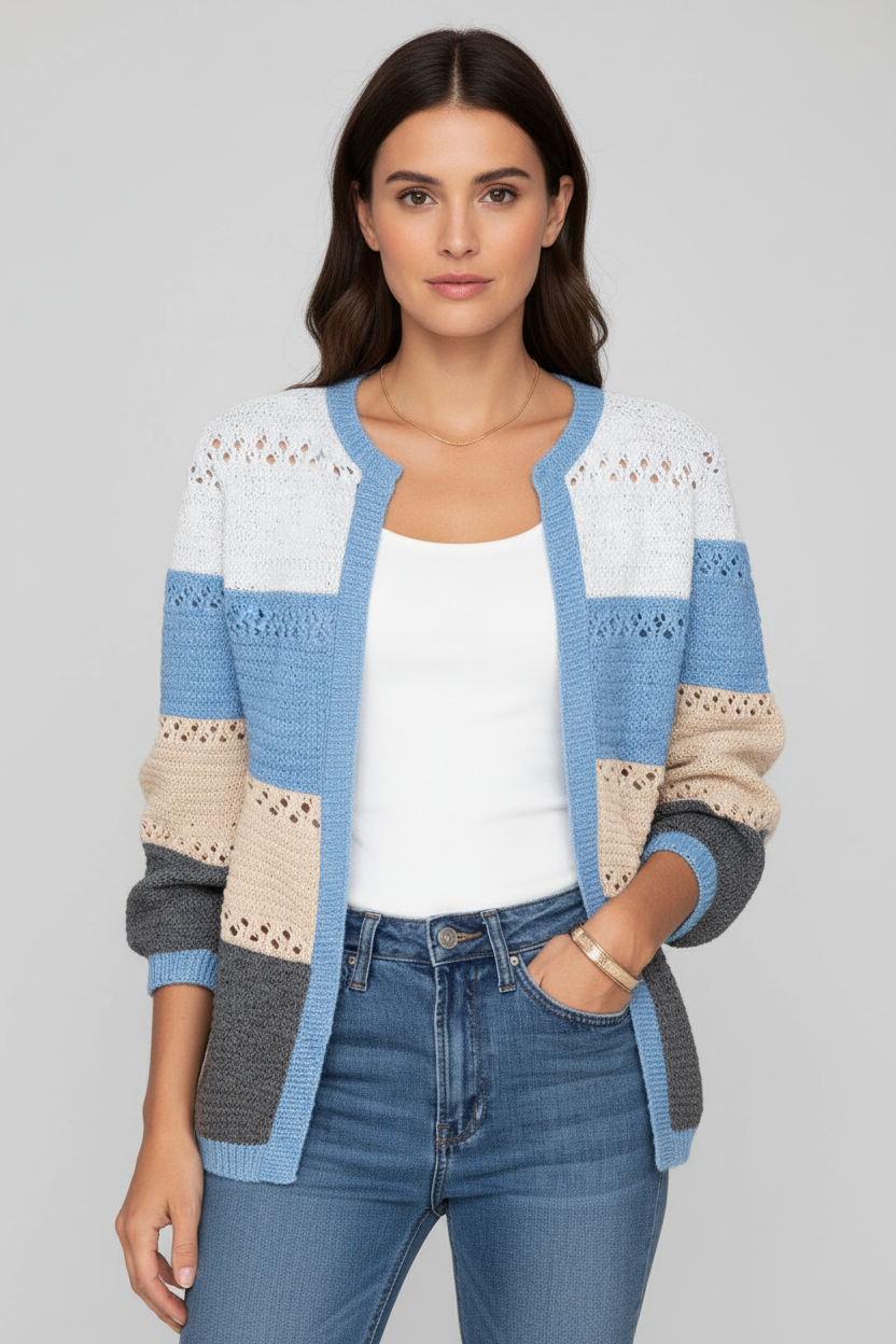 Blue striped cardigan with model