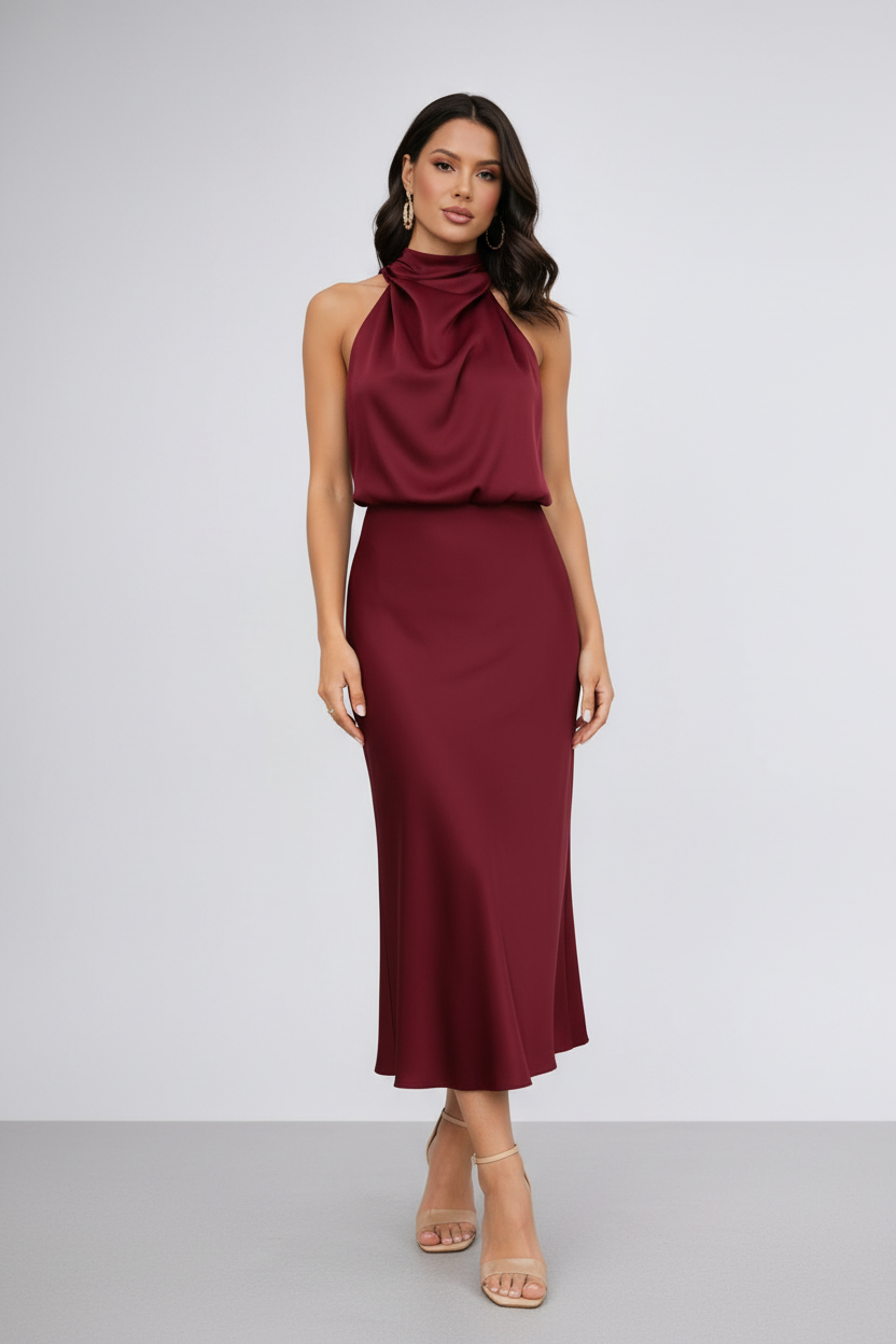 Bordeaux Rode Halter Neck Jurk