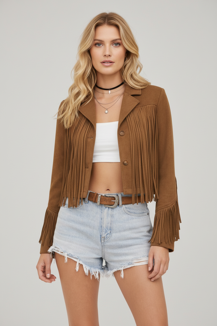 Brown fringe blazer blonde model front