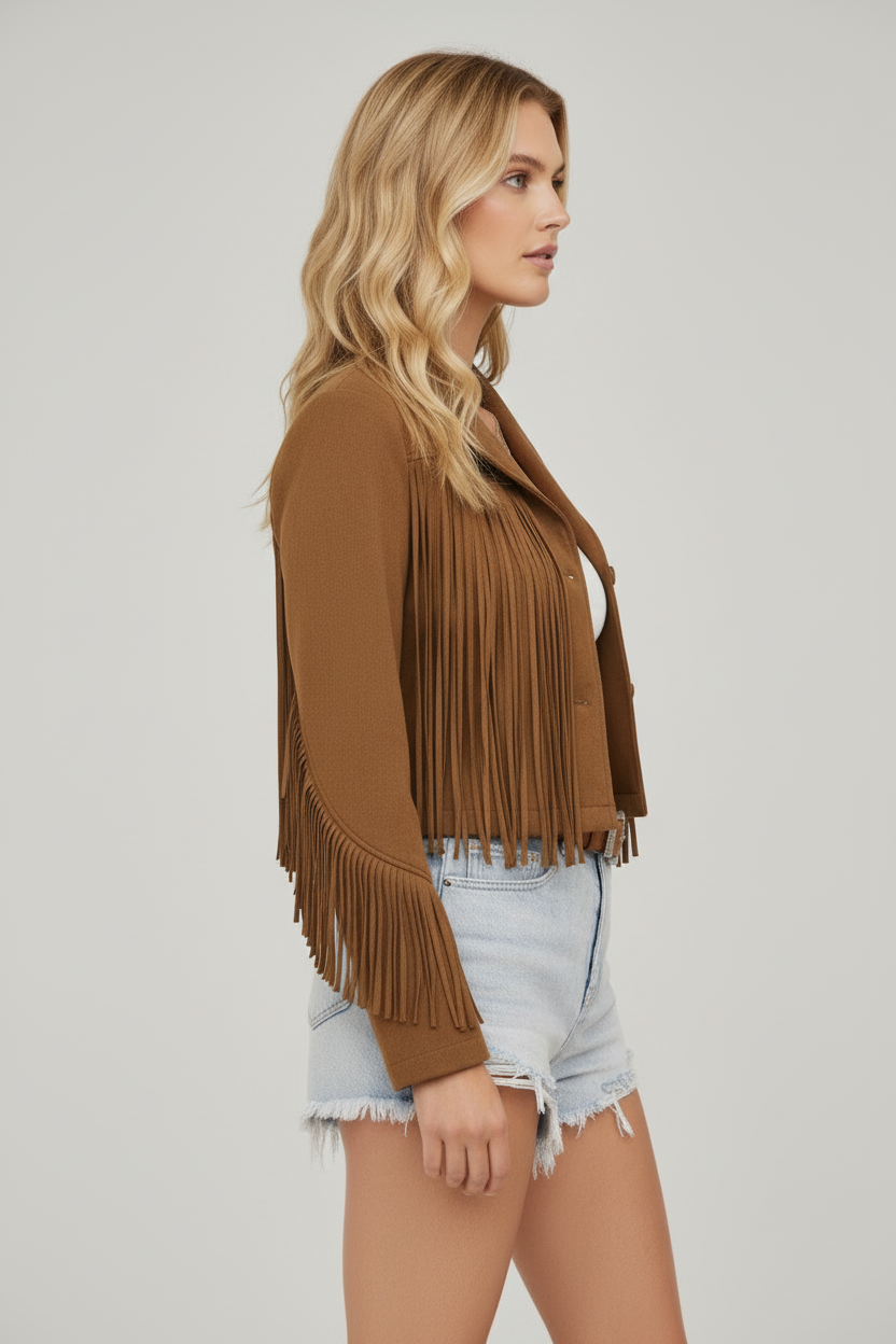 Brown fringe blazer blonde model side