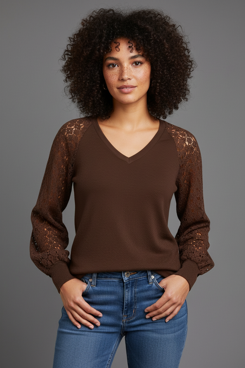 Brown lace sleeve top front view