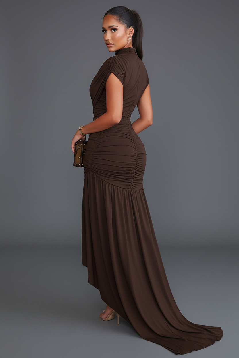 Bruine asymmetrische mini jurk - achterkant