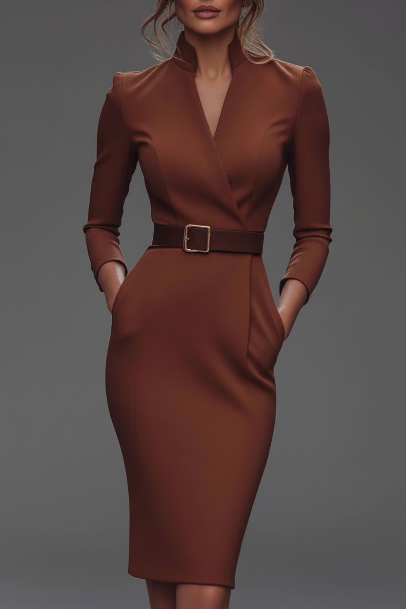 Bruine midi jurk - frontaal