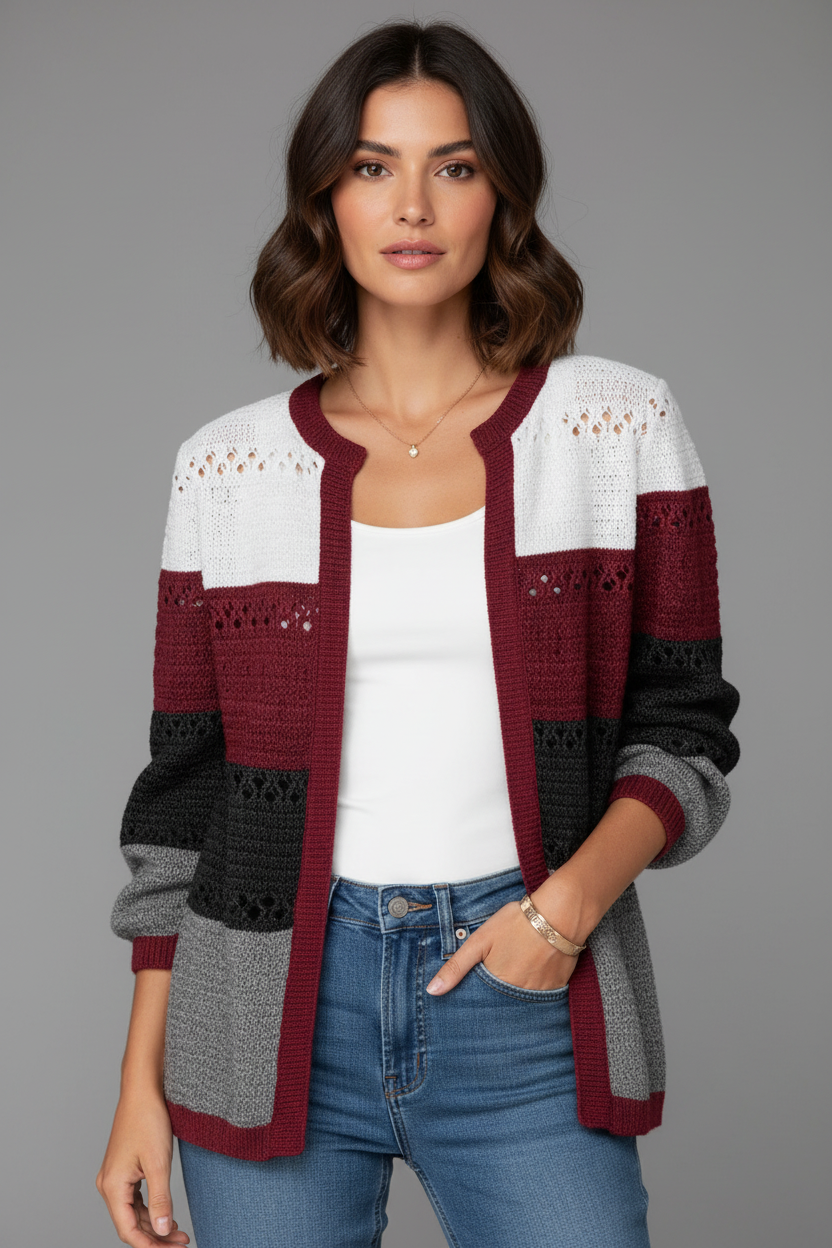 Burgundy striped cardigan front view