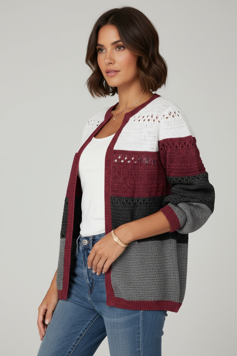 Burgundy striped cardigan side angle