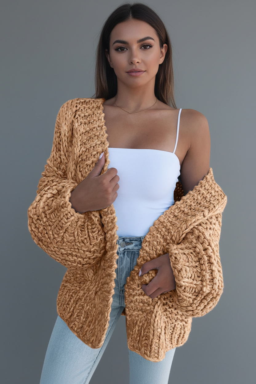 Camel tan chunky knit cardigan front view