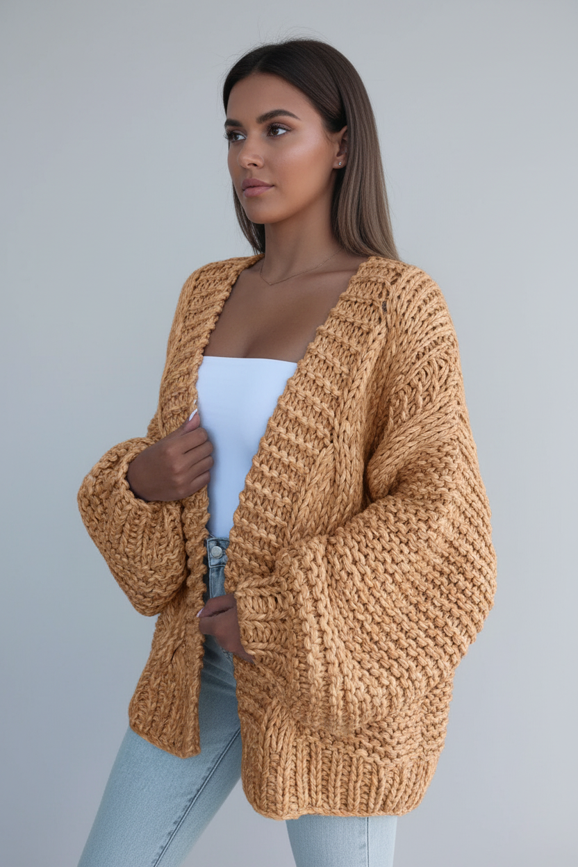 Camel tan chunky knit cardigan side angle