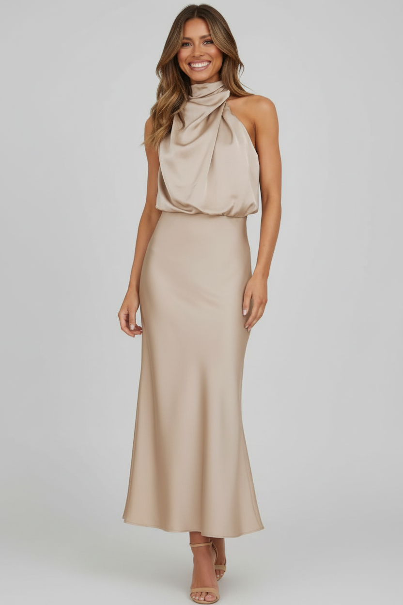 Champagne Beige Halter Neck Jurk