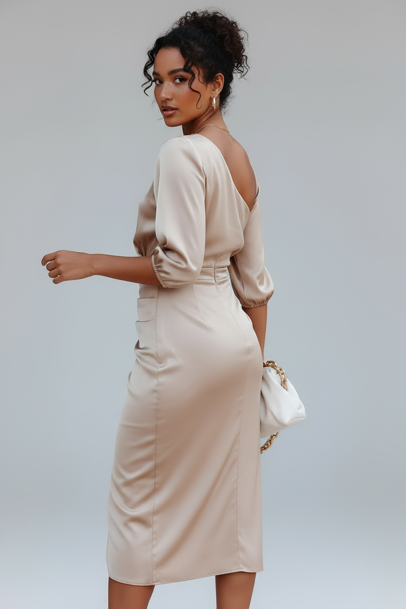 Champagne Beige One-Shoulder Jurk - Andere Hoek