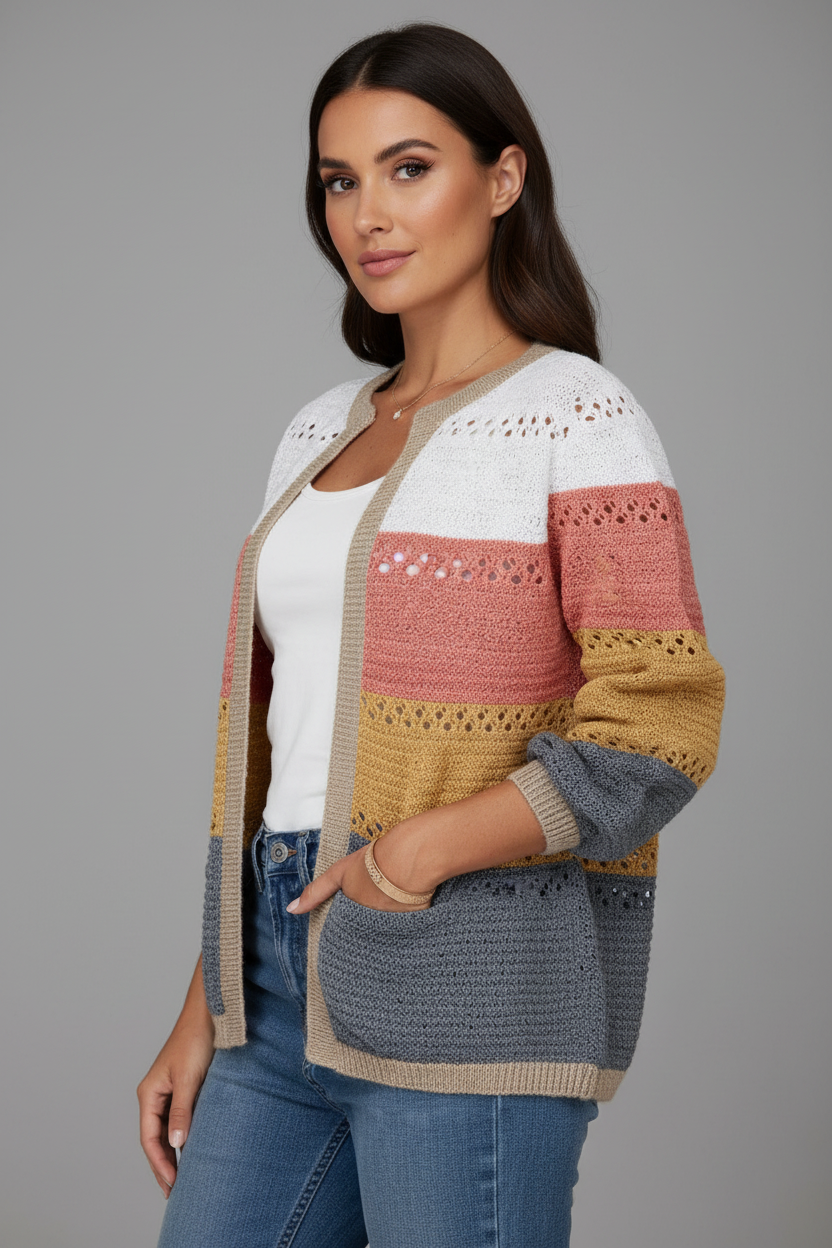 Colorful striped cardigan three-quarter angle