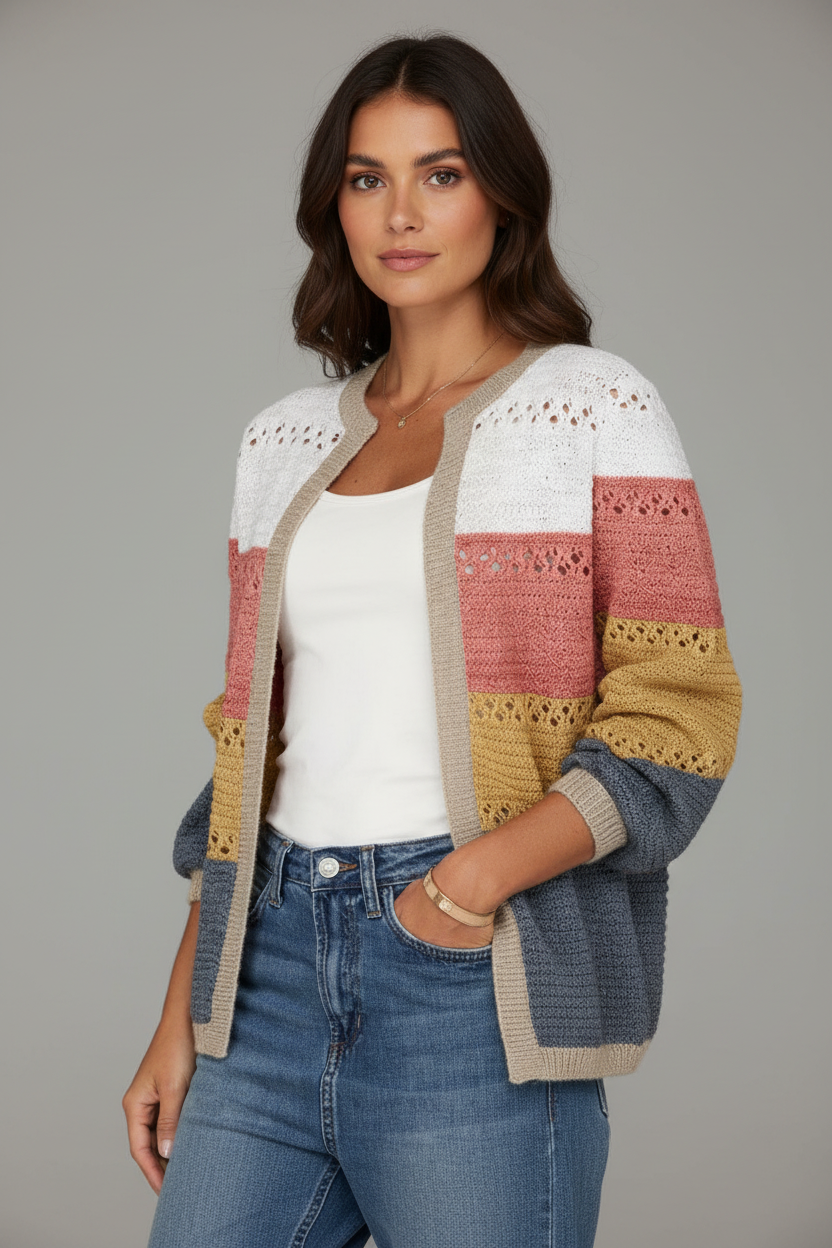 Colorful striped cardigan with brunette model